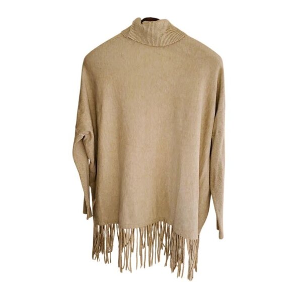 Cyrus Beige Fringe Hem Sweater Women’s Medium | Cozy Mock Neck Knit Boho Chic - Picture 2 of 5